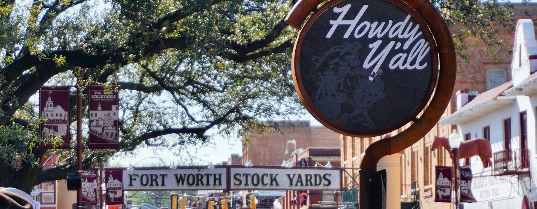 a sign on a street at the Stock Yards in Fort Worth