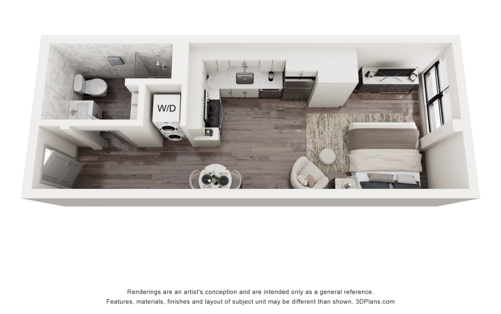 M09 - Studio floorplan layout with 1 bathroom and 358 square feet