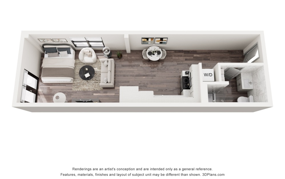 M13 - Studio floorplan layout with 1 bathroom and 485 square feet