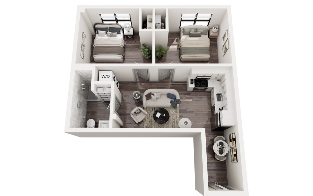 M14 - 2 bedroom floorplan layout with 1 bathroom and 632 square feet